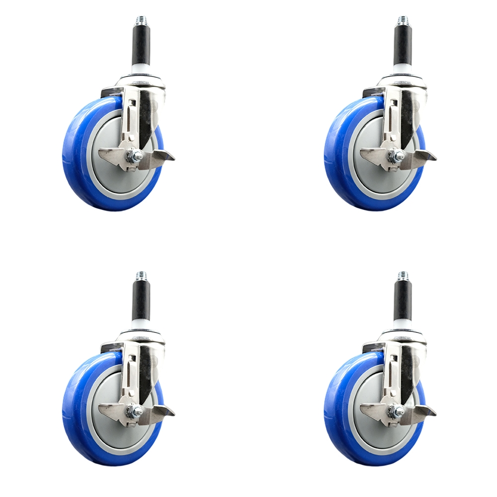Polyurethane Swivel Stem Caster Set of 4 with 5 Inch Blue Caster Wheels - 7/8" Expanding Stems - 316 Stainless Steel Casters - Includes 4 Swivel Casters with Top Lock Brakes - Service Caster Brand — photo 1