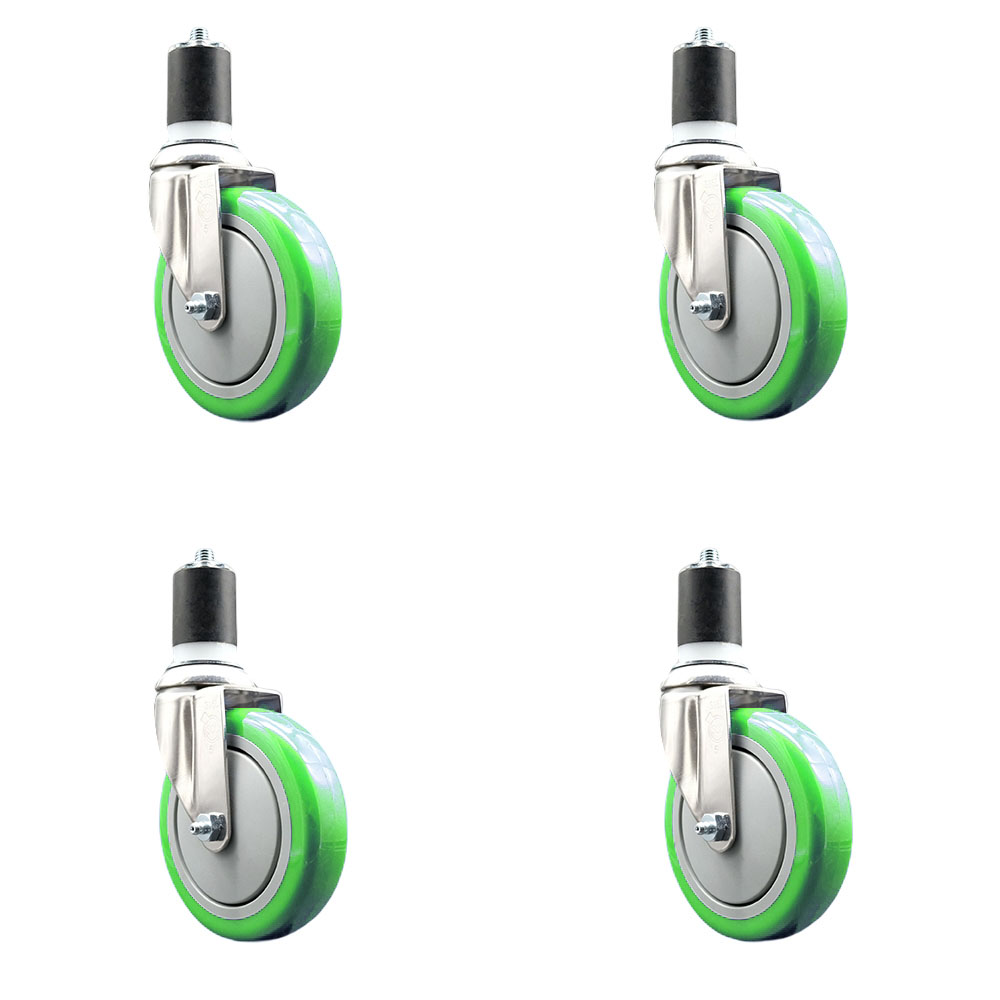 Polyurethane Swivel Stem Caster Set of 4 with 5 Inch Green Caster Wheels - 1-3/4" Expanding Stems - 316 Stainless Steel Casters - Includes 4 Swivel Casters - Service Caster Brand — photo 1