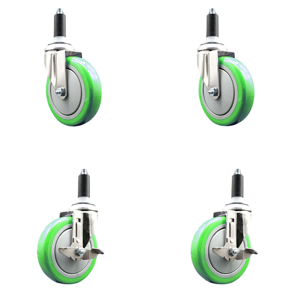 Polyurethane Swivel Stem Caster Set of 4 with 5 Inch Green Caster Wheels - 1" Expanding Stems - 316 Stainless Steel Casters - Includes 2 Swivel with Top Lock Brakes and 2 Swivel - Service Caster Brand — photo 1