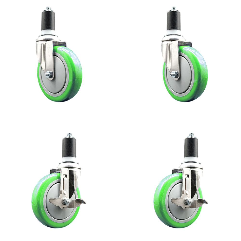 Polyurethane Swivel Stem Caster Set of 4 with 5 Inch Green Caster Wheels - 1-1/2" Expanding Stems - 316 Stainless Steel Casters-Includes 2 Swivel with Top Lock Brakes and 2 Swivel-Service Caster Brand — photo 1