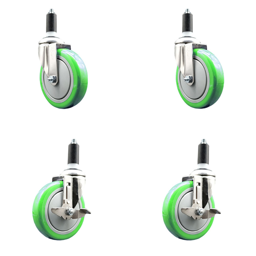 Polyurethane Swivel Stem Caster Set of 4 with 5 Inch Green Caster Wheels - 1-1/4" Expanding Stems - 316 Stainless Steel Casters-Includes 2 Swivel with Top Lock Brakes and 2 Swivel-Service Caster Brand — photo 1