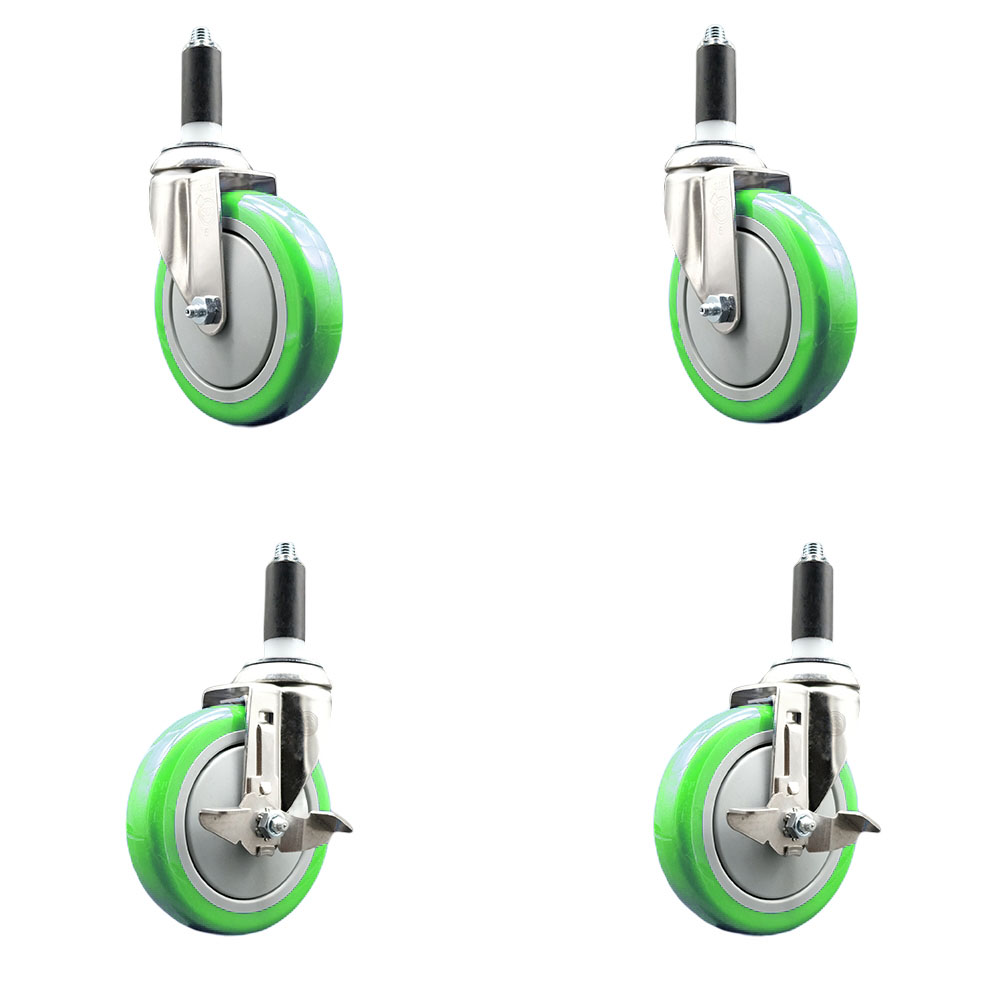 Polyurethane Swivel Stem Caster Set of 4 with 5 Inch Green Caster Wheels - 1-1/8" Expanding Stems - 316 Stainless Steel Casters-Includes 2 Swivel with Top Lock Brakes and 2 Swivel-Service Caster Brand — photo 1