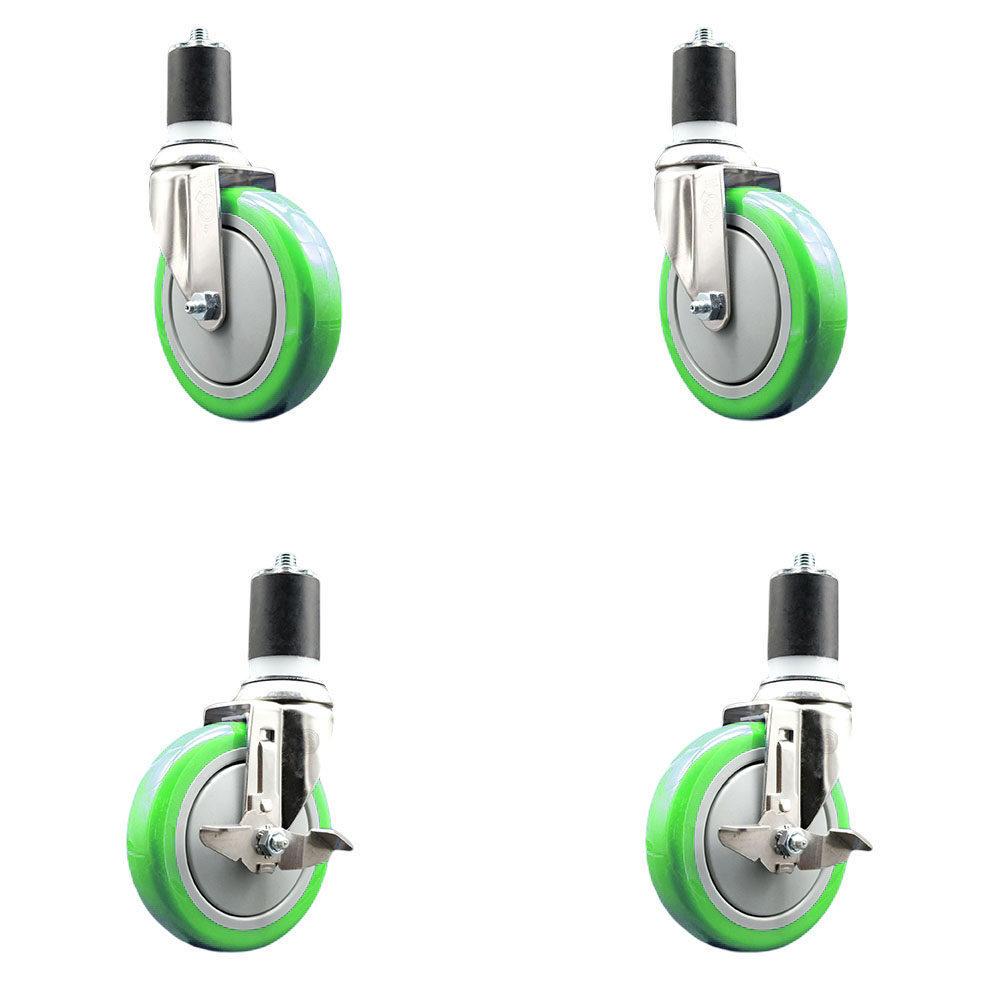 Polyurethane Swivel Stem Caster Set of 4 with 5 Inch Green Caster Wheels - 1-3/4" Expanding Stems - 316 Stainless Steel Casters-Includes 2 Swivel with Top Lock Brakes and 2 Swivel-Service Caster Brand — photo 1