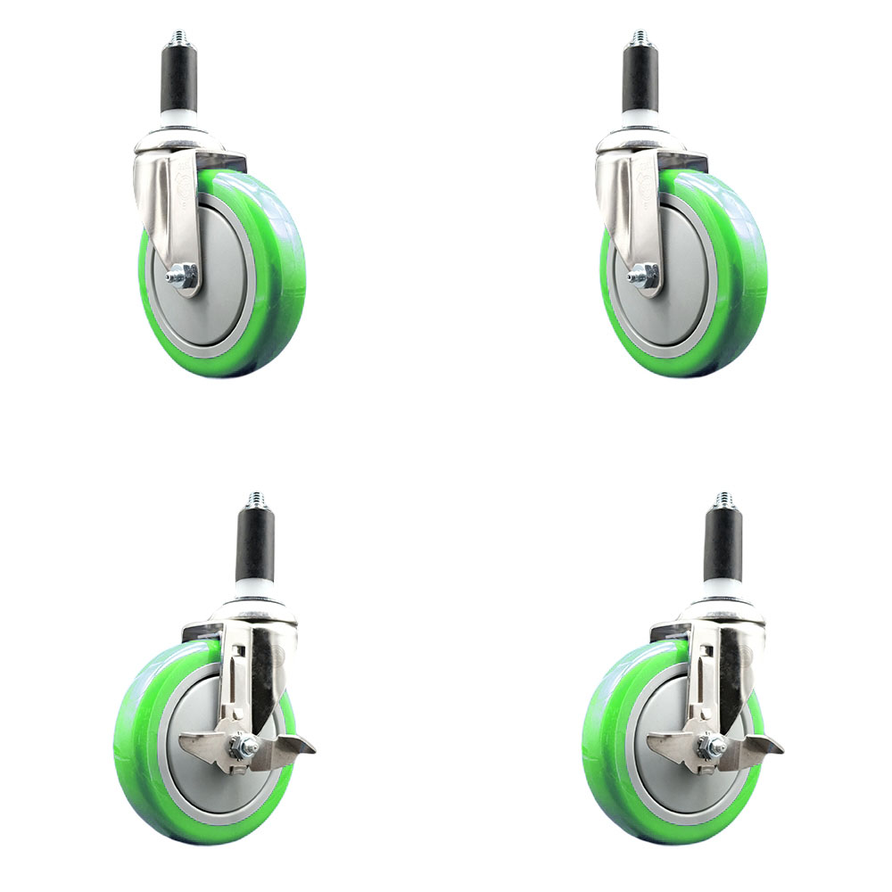 Polyurethane Swivel Stem Caster Set of 4 with 5 Inch Green Caster Wheels - 1-3/8" Expanding Stems - 316 Stainless Steel Casters-Includes 2 Swivel with Top Lock Brakes and 2 Swivel-Service Caster Brand — photo 1