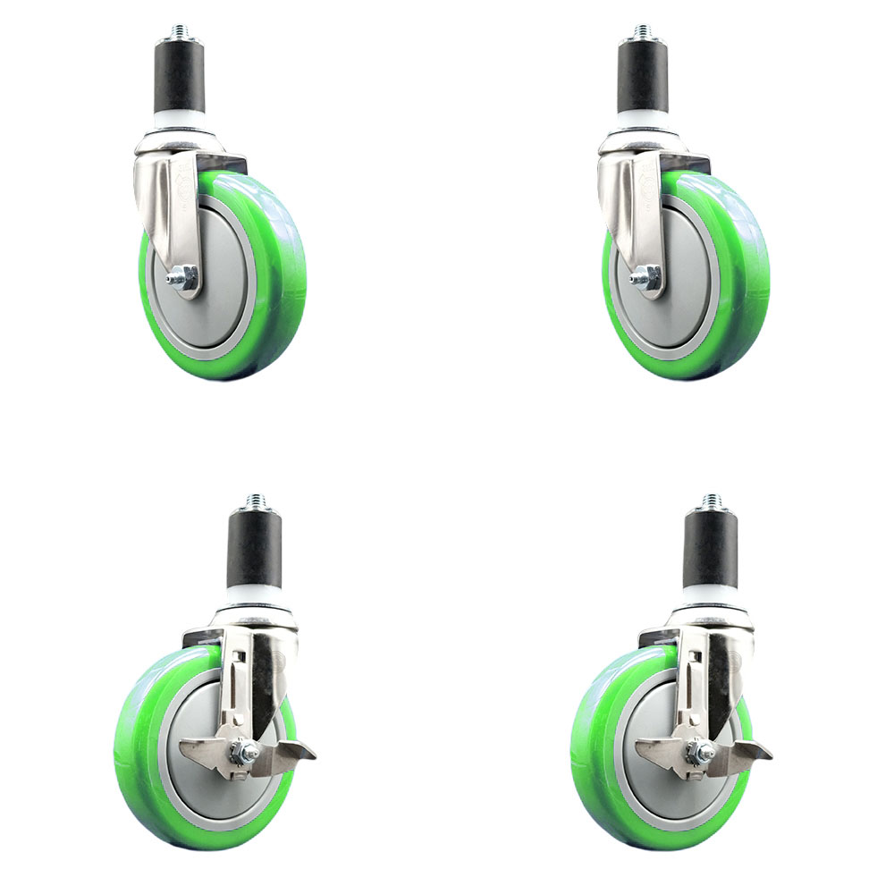 Polyurethane Swivel Stem Caster Set of 4 with 5 Inch Green Caster Wheels - 1-5/8" Expanding Stems - 316 Stainless Steel Casters-Includes 2 Swivel with Top Lock Brakes and 2 Swivel-Service Caster Brand — photo 1