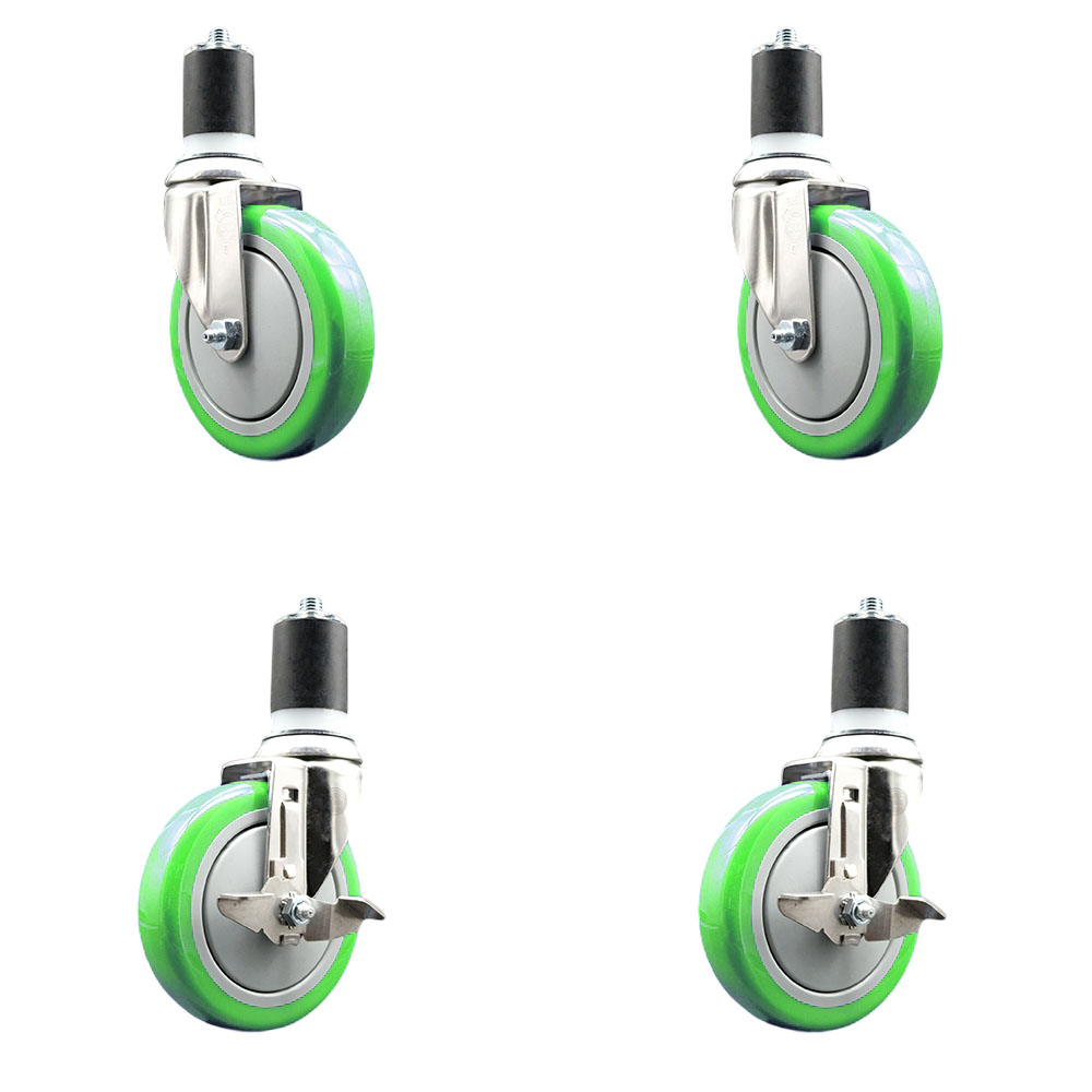Polyurethane Swivel Stem Caster Set of 4 with 5 Inch Green Caster Wheels - 1-7/8" Expanding Stems - 316 Stainless Steel Casters-Includes 2 Swivel with Top Lock Brakes and 2 Swivel-Service Caster Brand — photo 1