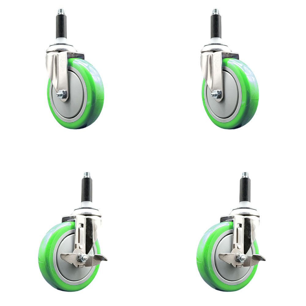 Polyurethane Swivel Stem Caster Set of 4 with 5 Inch Green Caster Wheels - 3/4" Expanding Stems - 316 Stainless Steel Casters - Includes 2 Swivel with Top Lock Brakes and 2 Swivel-Service Caster Brand — photo 1