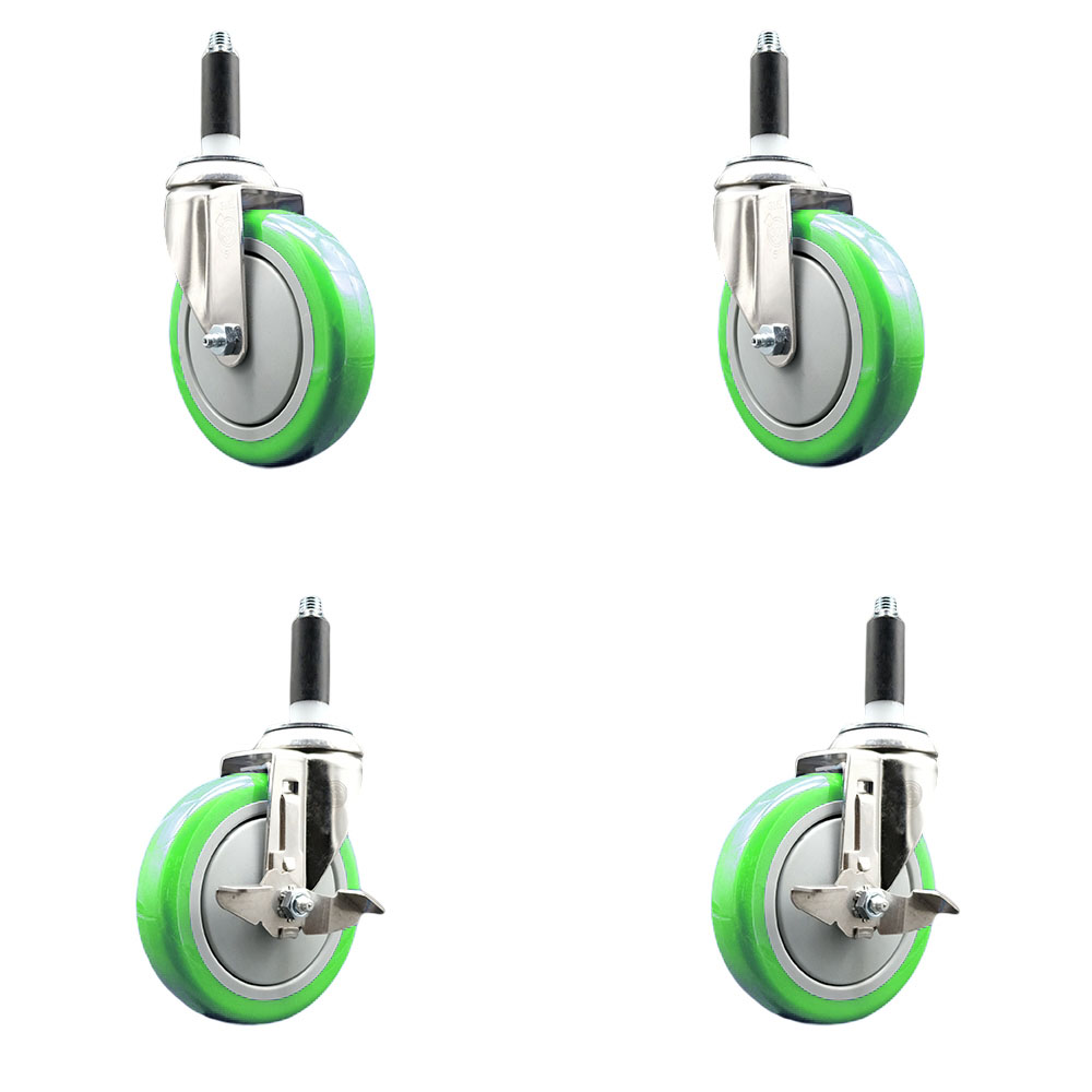 Polyurethane Swivel Stem Caster Set of 4 with 5 Inch Green Caster Wheels - 7/8" Expanding Stems - 316 Stainless Steel Casters - Includes 2 Swivel with Top Lock Brakes and 2 Swivel-Service Caster Brand — photo 1