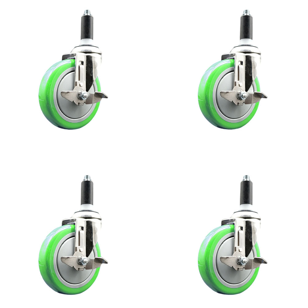 Polyurethane Swivel Stem Caster Set of 4 with 5 Inch Green Caster Wheels - 1" Expanding Stems - 316 Stainless Steel Casters - Includes 4 Swivel Casters with Top Lock Brakes - Service Caster Brand — photo 1