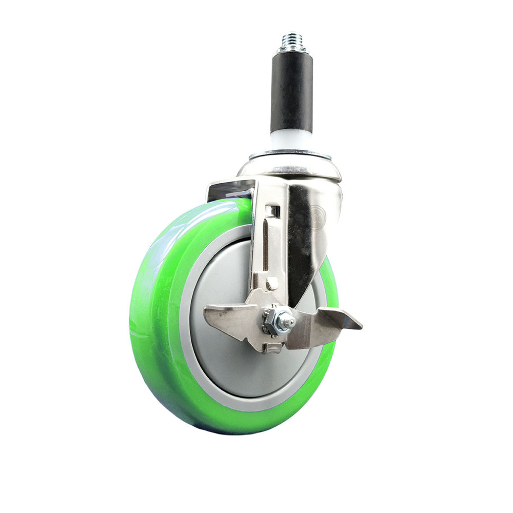 Polyurethane Swivel Stem Caster with 5 Inch Green Caster Wheel and Top Lock Brake - 1" Expanding Stem - 316 Stainless Steel Caster - 350 lbs. Capacity Per Caster - Service Caster Brand — photo 1