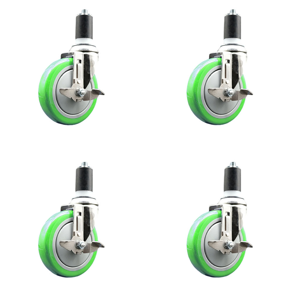 Polyurethane Swivel Stem Caster Set of 4 with 5 Inch Green Caster Wheels - 1-1/2" Expanding Stems - 316 Stainless Steel Casters - Includes 4 Swivel Casters with Top Lock Brakes - Service Caster Brand — photo 1