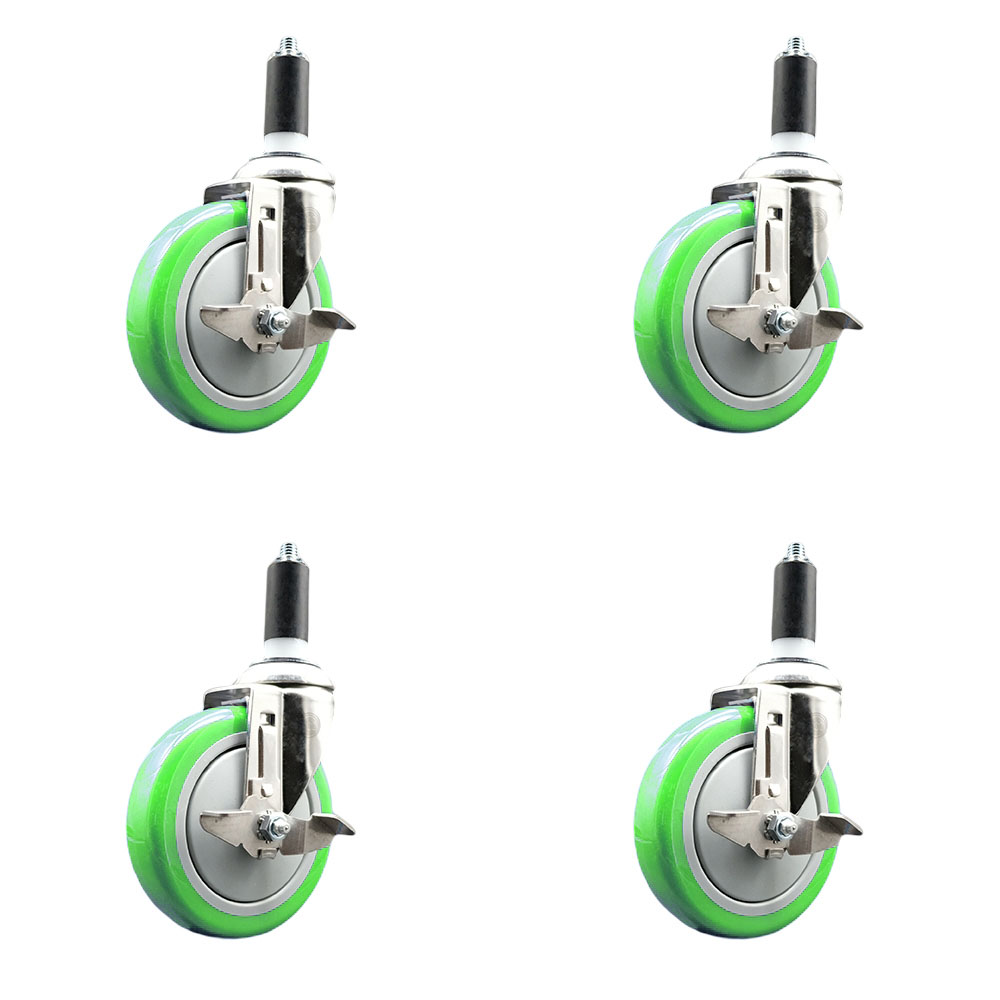 Polyurethane Swivel Stem Caster Set of 4 with 5 Inch Green Caster Wheels - 1-1/4" Expanding Stems - 316 Stainless Steel Casters - Includes 4 Swivel Casters with Top Lock Brakes - Service Caster Brand — photo 1