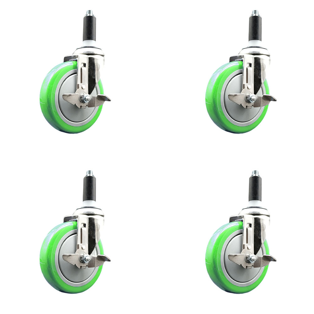 Polyurethane Swivel Stem Caster Set of 4 with 5 Inch Green Caster Wheels - 1-1/8" Expanding Stems - 316 Stainless Steel Casters - Includes 4 Swivel Casters with Top Lock Brakes - Service Caster Brand — photo 1