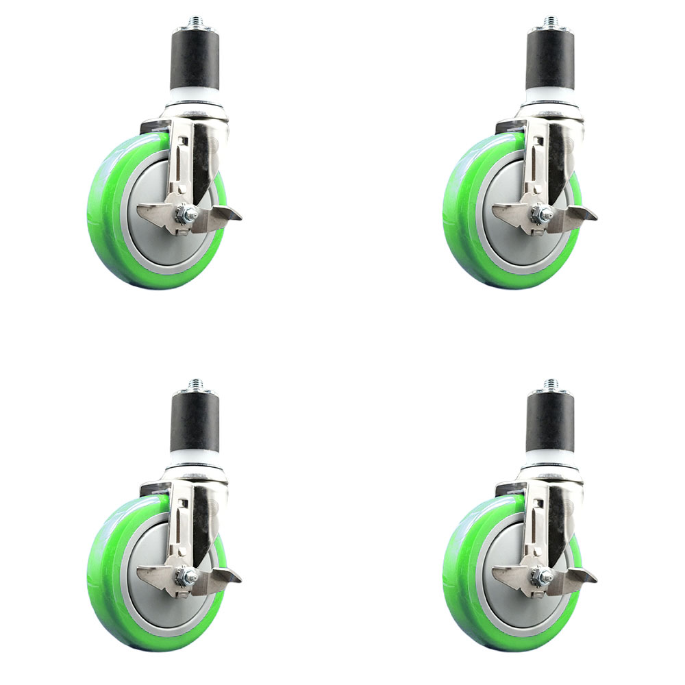 Polyurethane Swivel Stem Caster Set of 4 with 5 Inch Green Caster Wheels - 1-3/4" Expanding Stems - 316 Stainless Steel Casters - Includes 4 Swivel Casters with Top Lock Brakes - Service Caster Brand — photo 1