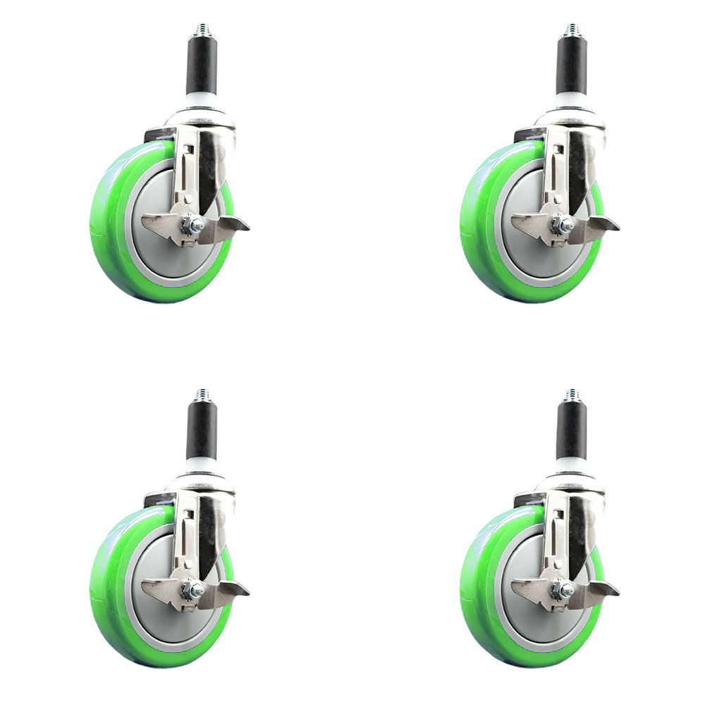 Polyurethane Swivel Stem Caster Set of 4 with 5 Inch Green Caster Wheels - 1-3/8" Expanding Stems - 316 Stainless Steel Casters - Includes 4 Swivel Casters with Top Lock Brakes - Service Caster Brand — photo 1