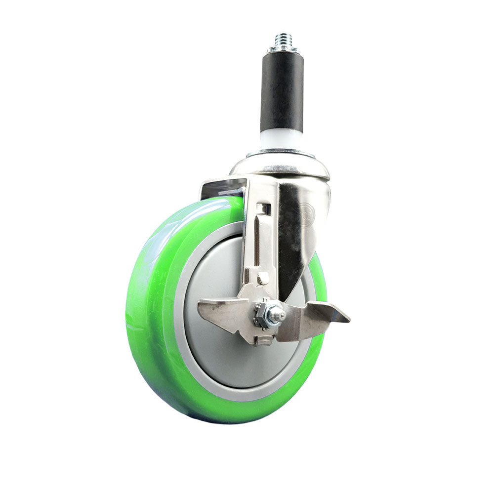 Polyurethane Swivel Stem Caster with 5 Inch Green Caster Wheel and Top Lock Brake - 1-3/8" Expanding Stem - 316 Stainless Steel Caster - 350 lbs. Capacity Per Caster - Service Caster Brand — photo 1