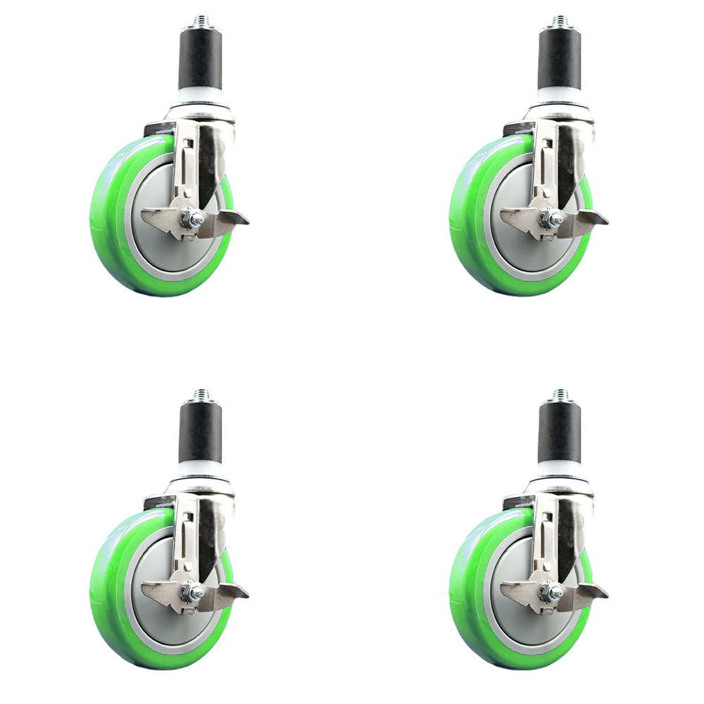 Polyurethane Swivel Stem Caster Set of 4 with 5 Inch Green Caster Wheels - 1-5/8" Expanding Stems - 316 Stainless Steel Casters - Includes 4 Swivel Casters with Top Lock Brakes - Service Caster Brand — photo 1