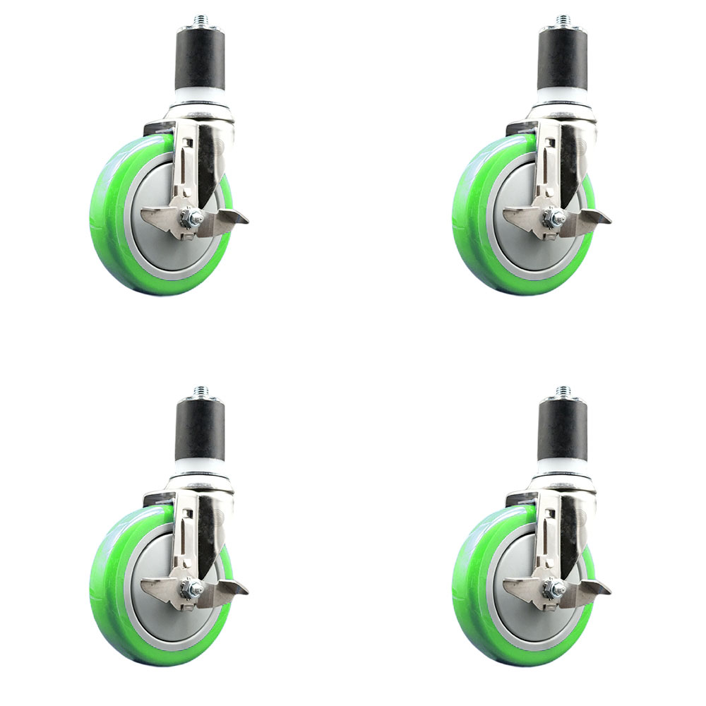 Polyurethane Swivel Stem Caster Set of 4 with 5 Inch Green Caster Wheels - 1-7/8" Expanding Stems - 316 Stainless Steel Casters - Includes 4 Swivel Casters with Top Lock Brakes - Service Caster Brand — photo 1