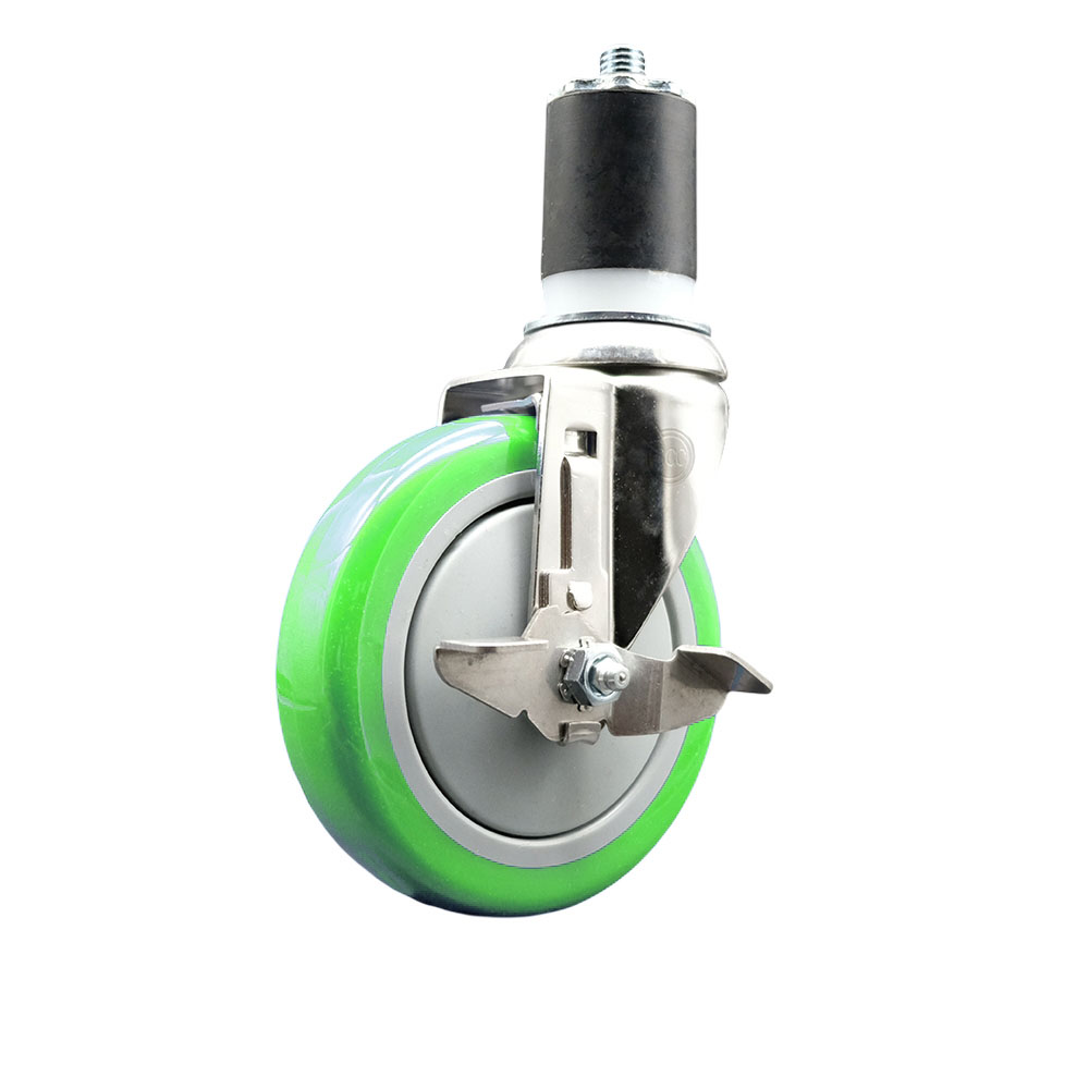 Polyurethane Swivel Stem Caster with 5 Inch Green Caster Wheel and Top Lock Brake - 1-7/8" Expanding Stem - 316 Stainless Steel Caster - 350 lbs. Capacity Per Caster - Service Caster Brand — photo 1