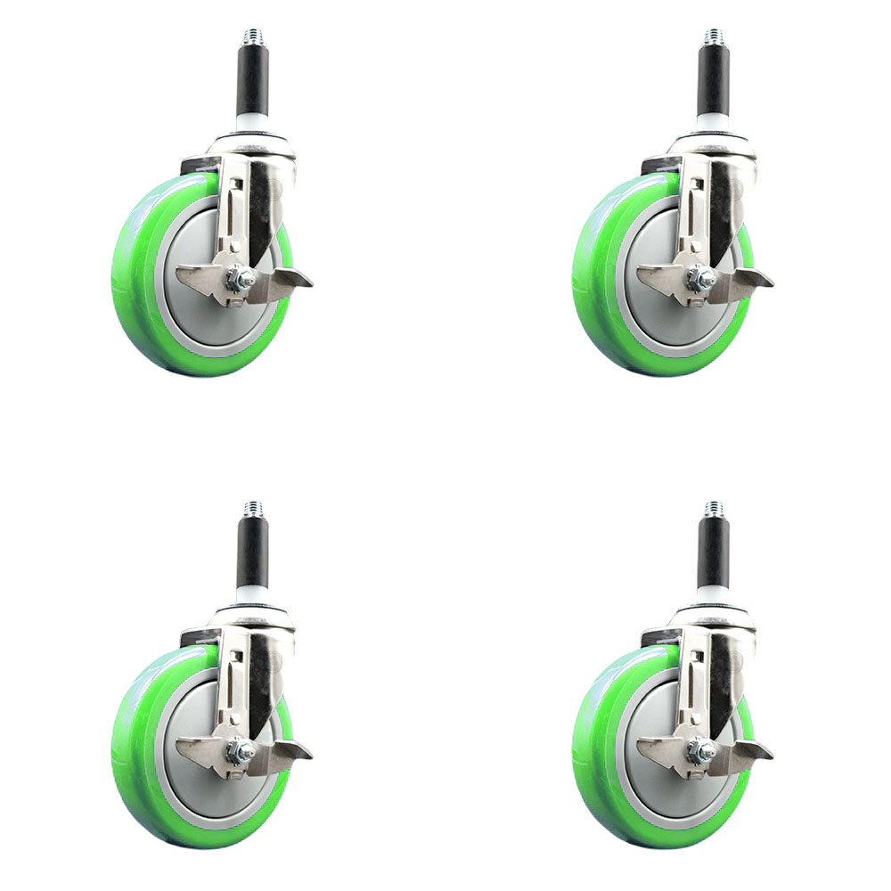 Polyurethane Swivel Stem Caster Set of 4 with 5 Inch Green Caster Wheels - 3/4" Expanding Stems - 316 Stainless Steel Casters - Includes 4 Swivel Casters with Top Lock Brakes - Service Caster Brand — photo 1