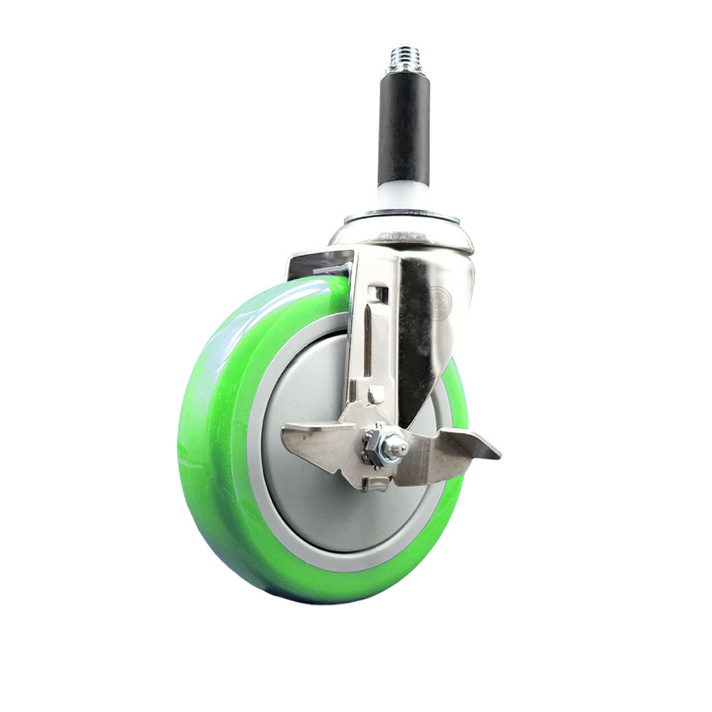 Polyurethane Swivel Stem Caster with 5 Inch Green Caster Wheel and Top Lock Brake - 3/4" Expanding Stem - 316 Stainless Steel Caster - 350 lbs. Capacity Per Caster - Service Caster Brand — photo 1