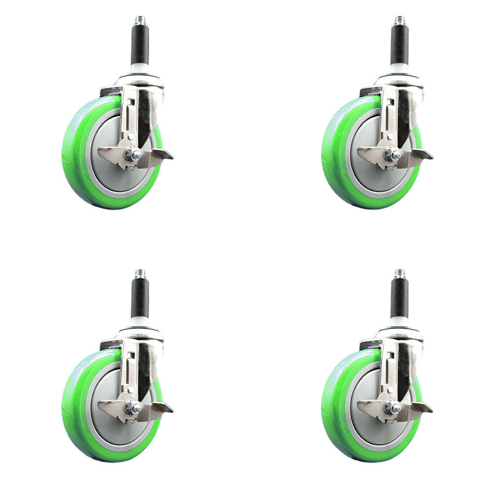 Polyurethane Swivel Stem Caster Set of 4 with 5 Inch Green Caster Wheels - 7/8" Expanding Stems - 316 Stainless Steel Casters - Includes 4 Swivel Casters with Top Lock Brakes - Service Caster Brand — photo 1