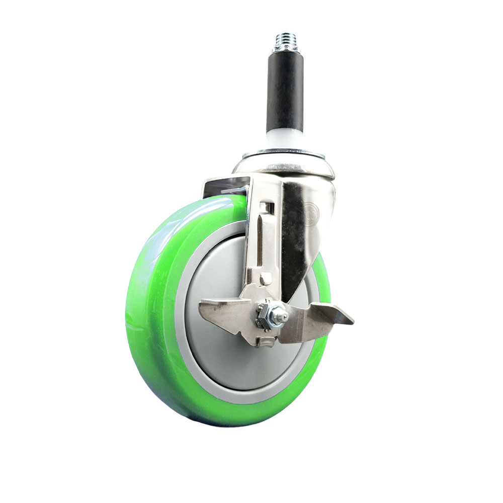 Polyurethane Swivel Stem Caster with 5 Inch Green Caster Wheel and Top Lock Brake - 7/8" Expanding Stem - 316 Stainless Steel Caster - 350 lbs. Capacity Per Caster - Service Caster Brand — photo 1