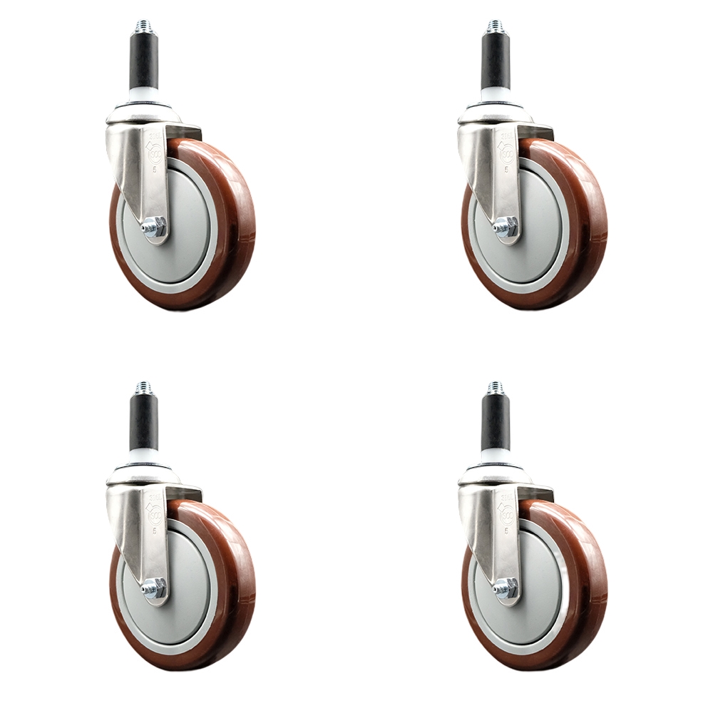 Polyurethane Swivel Stem Caster Set of 4 with 5 Inch Maroon Caster Wheels - 1" Expanding Stems - 316 Stainless Steel Casters - Includes 4 Swivel Casters - Service Caster Brand — photo 1