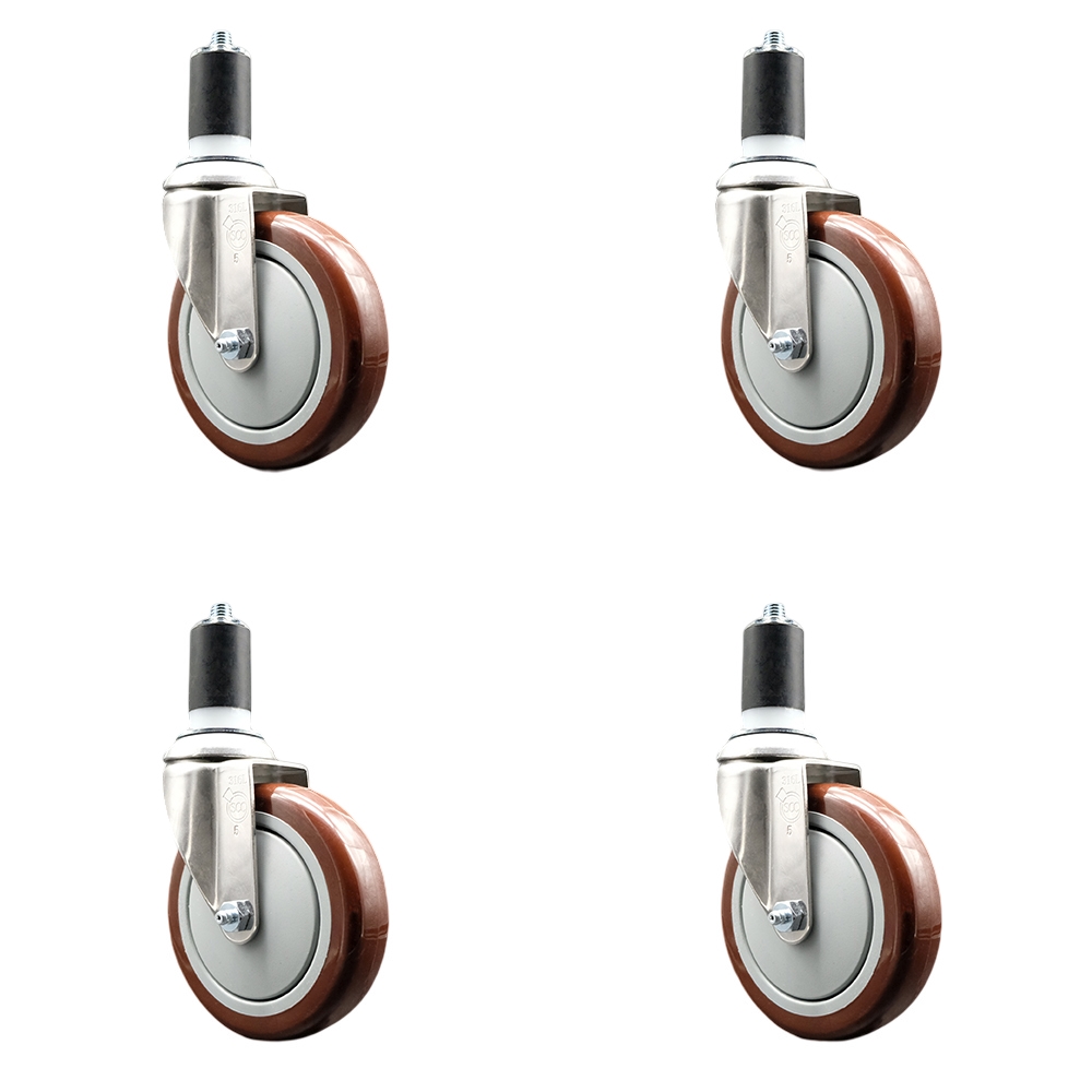 Polyurethane Swivel Stem Caster Set of 4 with 5 Inch Maroon Caster Wheels - 1-1/2" Expanding Stems - 316 Stainless Steel Casters - Includes 4 Swivel Casters - Service Caster Brand — photo 1