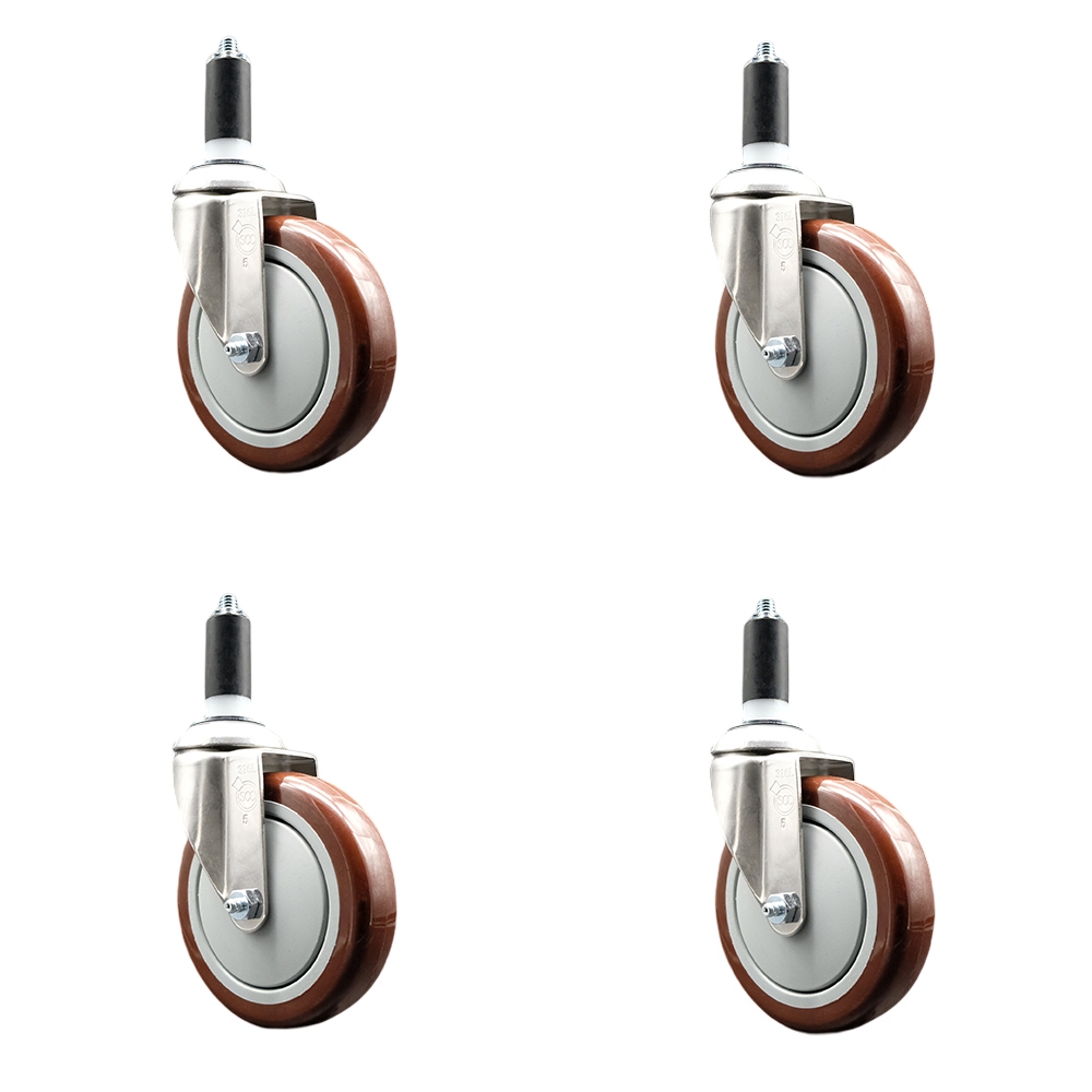 Polyurethane Swivel Stem Caster Set of 4 with 5 Inch Maroon Caster Wheels - 1-1/4" Expanding Stems - 316 Stainless Steel Casters - Includes 4 Swivel Casters - Service Caster Brand — photo 1