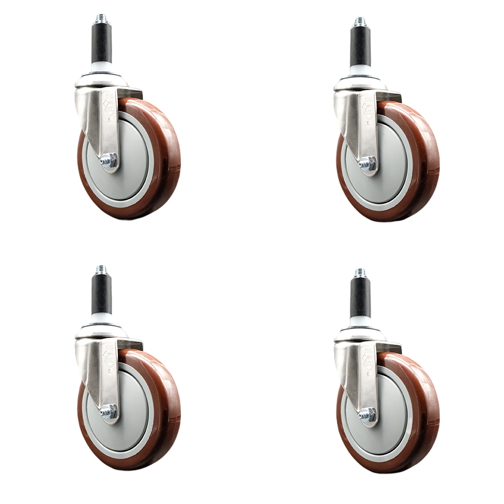 Polyurethane Swivel Stem Caster Set of 4 with 5 Inch Maroon Caster Wheels - 1-1/8" Expanding Stems - 316 Stainless Steel Casters - Includes 4 Swivel Casters - Service Caster Brand — photo 1
