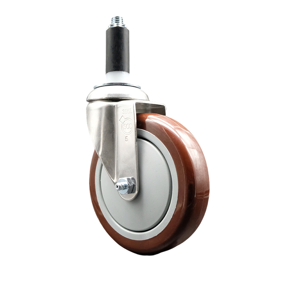 Polyurethane Swivel Stem Caster with 5 Inch Maroon Caster Wheel - 1-1/8" Expanding Stem - 316 Stainless Steel Caster - 350 lbs. Capacity Per Caster - Service Caster Brand — photo 1