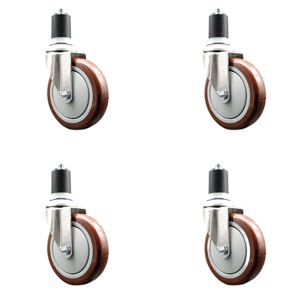 Polyurethane Swivel Stem Caster Set of 4 with 5 Inch Maroon Caster Wheels - 1-3/4" Expanding Stems - 316 Stainless Steel Casters - Includes 4 Swivel Casters - Service Caster Brand — photo 1