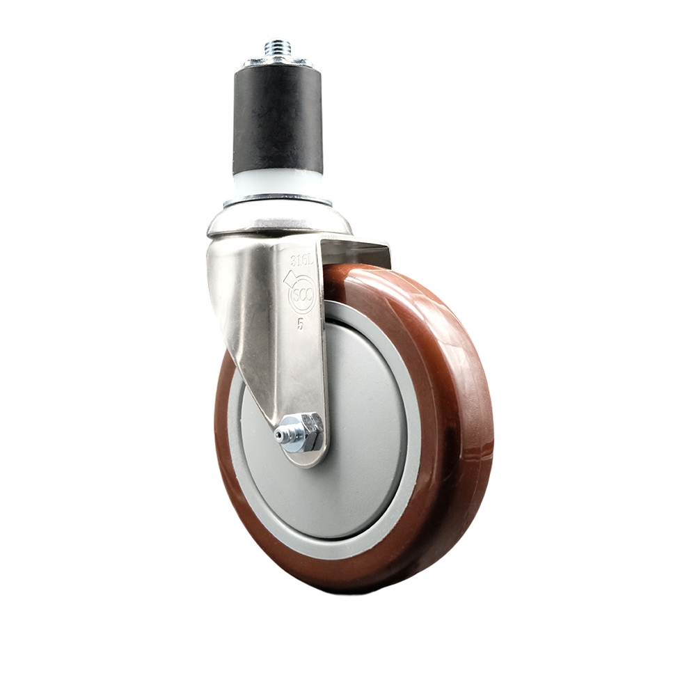 Polyurethane Swivel Stem Caster with 5 Inch Maroon Caster Wheel - 1-3/4" Expanding Stem - 316 Stainless Steel Caster - 350 lbs. Capacity Per Caster - Service Caster Brand — photo 1