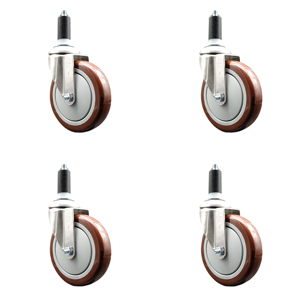 Polyurethane Swivel Stem Caster Set of 4 with 5 Inch Maroon Caster Wheels - 1-3/8" Expanding Stems - 316 Stainless Steel Casters - Includes 4 Swivel Casters - Service Caster Brand — photo 1