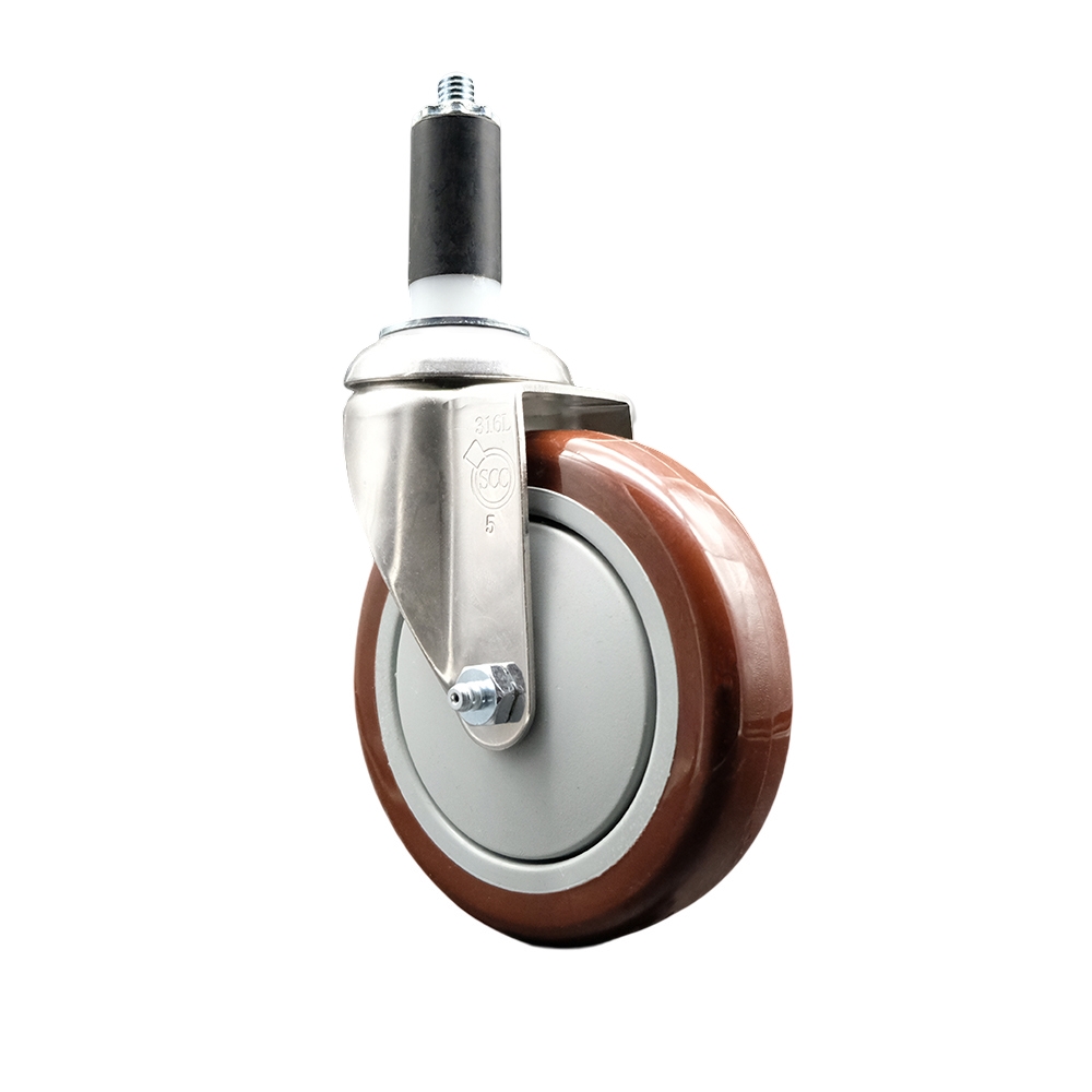 Polyurethane Swivel Stem Caster with 5 Inch Maroon Caster Wheel - 1-3/8" Expanding Stem - 316 Stainless Steel Caster - 350 lbs. Capacity Per Caster - Service Caster Brand — photo 1