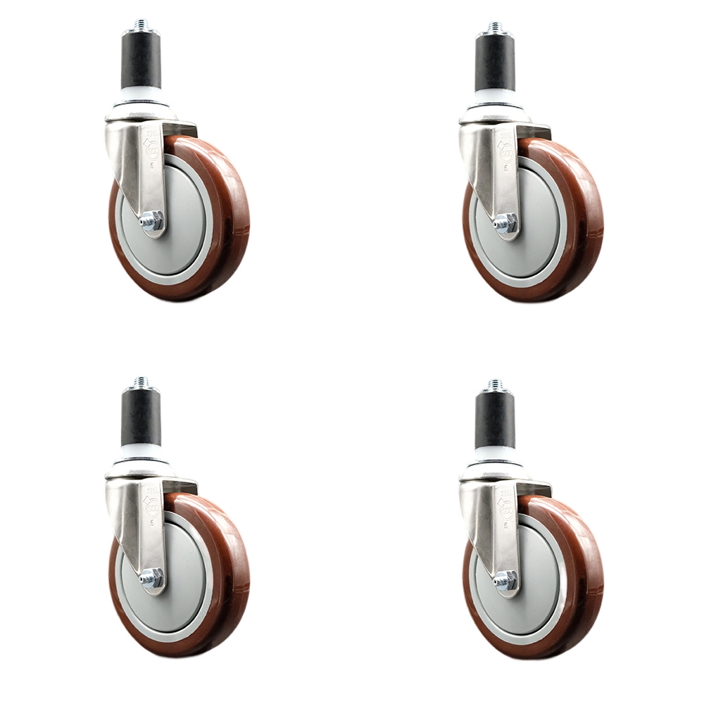 Polyurethane Swivel Stem Caster Set of 4 with 5 Inch Maroon Caster Wheels - 1-5/8" Expanding Stems - 316 Stainless Steel Casters - Includes 4 Swivel Casters - Service Caster Brand — photo 1