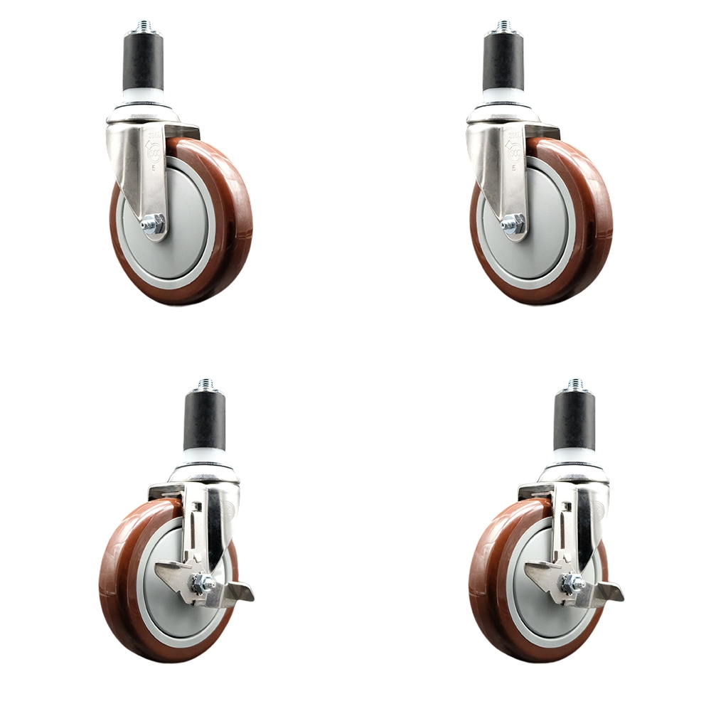 Polyurethane Swivel Stem Caster Set of 4 with 5 Inch Maroon Caster Wheels - 1-1/2" Expanding Stems -316 Stainless Steel Casters-Includes 2 Swivel with Top Lock Brakes and 2 Swivel-Service Caster Brand — photo 1