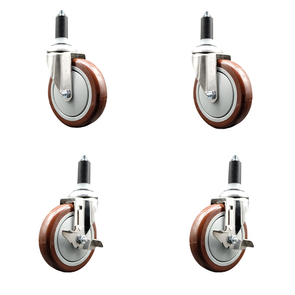 Polyurethane Swivel Stem Caster Set of 4 with 5 Inch Maroon Caster Wheels - 1-1/4" Expanding Stems -316 Stainless Steel Casters-Includes 2 Swivel with Top Lock Brakes and 2 Swivel-Service Caster Brand — photo 1