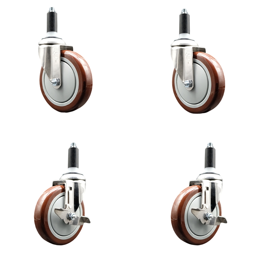 Polyurethane Swivel Stem Caster Set of 4 with 5 Inch Maroon Caster Wheels - 1-1/8" Expanding Stems -316 Stainless Steel Casters-Includes 2 Swivel with Top Lock Brakes and 2 Swivel-Service Caster Brand — photo 1