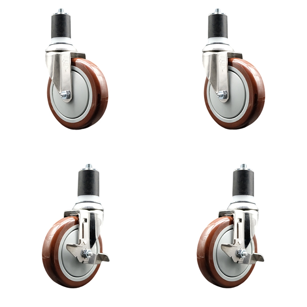 Polyurethane Swivel Stem Caster Set of 4 with 5 Inch Maroon Caster Wheels - 1-3/4" Expanding Stems -316 Stainless Steel Casters-Includes 2 Swivel with Top Lock Brakes and 2 Swivel-Service Caster Brand — photo 1