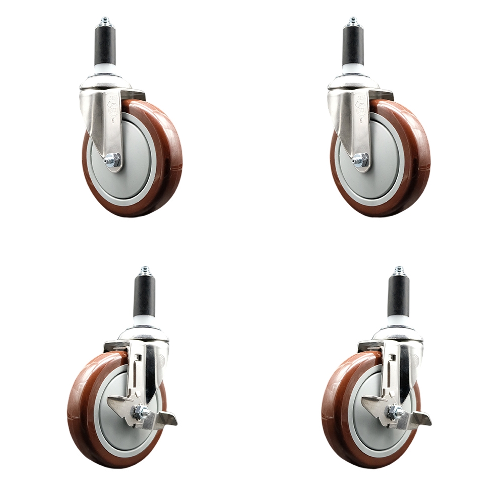 Polyurethane Swivel Stem Caster Set of 4 with 5 Inch Maroon Caster Wheels - 1-3/8" Expanding Stems -316 Stainless Steel Casters-Includes 2 Swivel with Top Lock Brakes and 2 Swivel-Service Caster Brand — photo 1