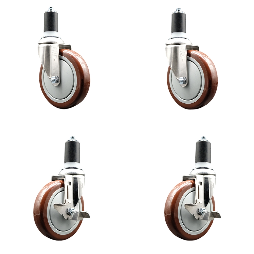 Polyurethane Swivel Stem Caster Set of 4 with 5 Inch Maroon Caster Wheels - 1-5/8" Expanding Stems -316 Stainless Steel Casters-Includes 2 Swivel with Top Lock Brakes and 2 Swivel-Service Caster Brand — photo 1