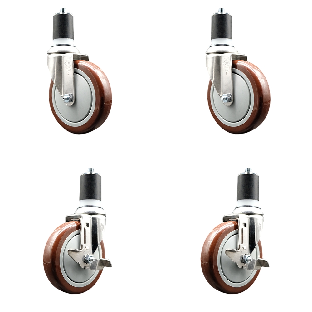 Polyurethane Swivel Stem Caster Set of 4 with 5 Inch Maroon Caster Wheels - 1-7/8" Expanding Stems -316 Stainless Steel Casters-Includes 2 Swivel with Top Lock Brakes and 2 Swivel-Service Caster Brand — photo 1