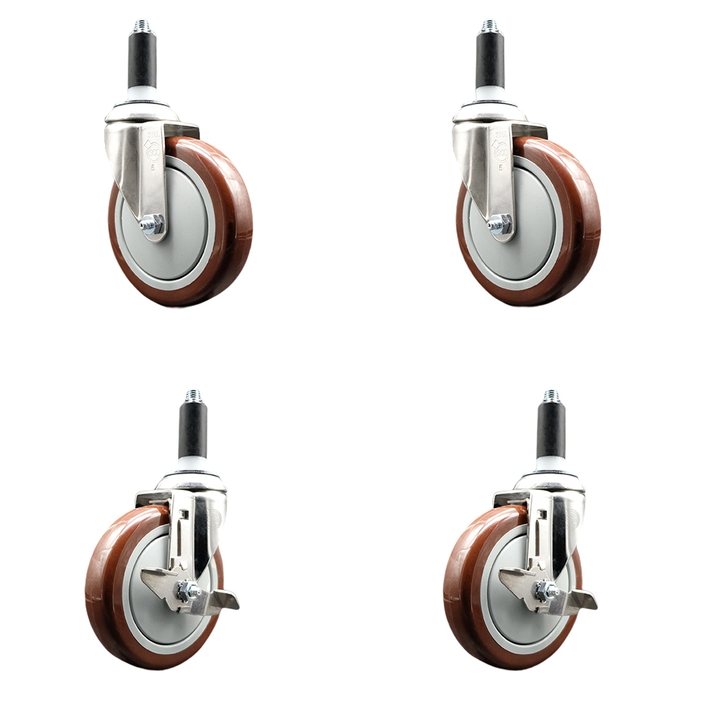 Polyurethane Swivel Stem Caster Set of 4 with 5 Inch Maroon Caster Wheels - 1" Expanding Stems -316 Stainless Steel Casters - Includes 2 Swivel with Top Lock Brakes and 2 Swivel - Service Caster Brand — photo 1