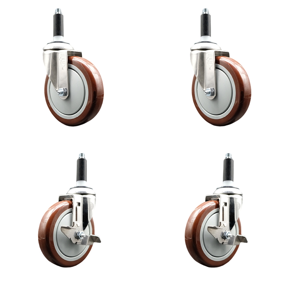 Polyurethane Swivel Stem Caster Set of 4 with 5 Inch Maroon Caster Wheels - 3/4" Expanding Stems -316 Stainless Steel Casters - Includes 2 Swivel with Top Lock Brakes and 2 Swivel-Service Caster Brand — photo 1