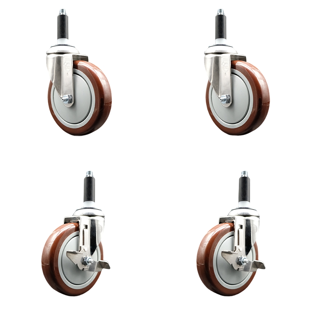 Polyurethane Swivel Stem Caster Set of 4 with 5 Inch Maroon Caster Wheels - 7/8" Expanding Stems -316 Stainless Steel Casters - Includes 2 Swivel with Top Lock Brakes and 2 Swivel-Service Caster Brand — photo 1