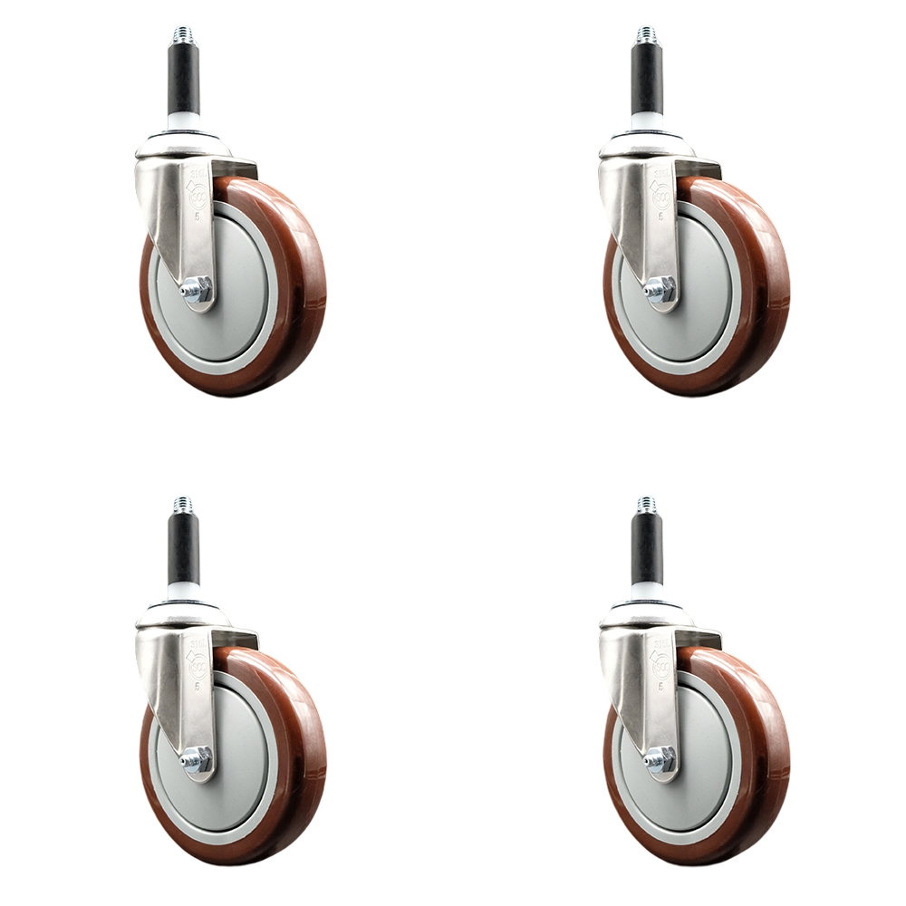 Polyurethane Swivel Stem Caster Set of 4 with 5 Inch Maroon Caster Wheels - 3/4" Expanding Stems - 316 Stainless Steel Casters - Includes 4 Swivel Casters - Service Caster Brand — photo 1