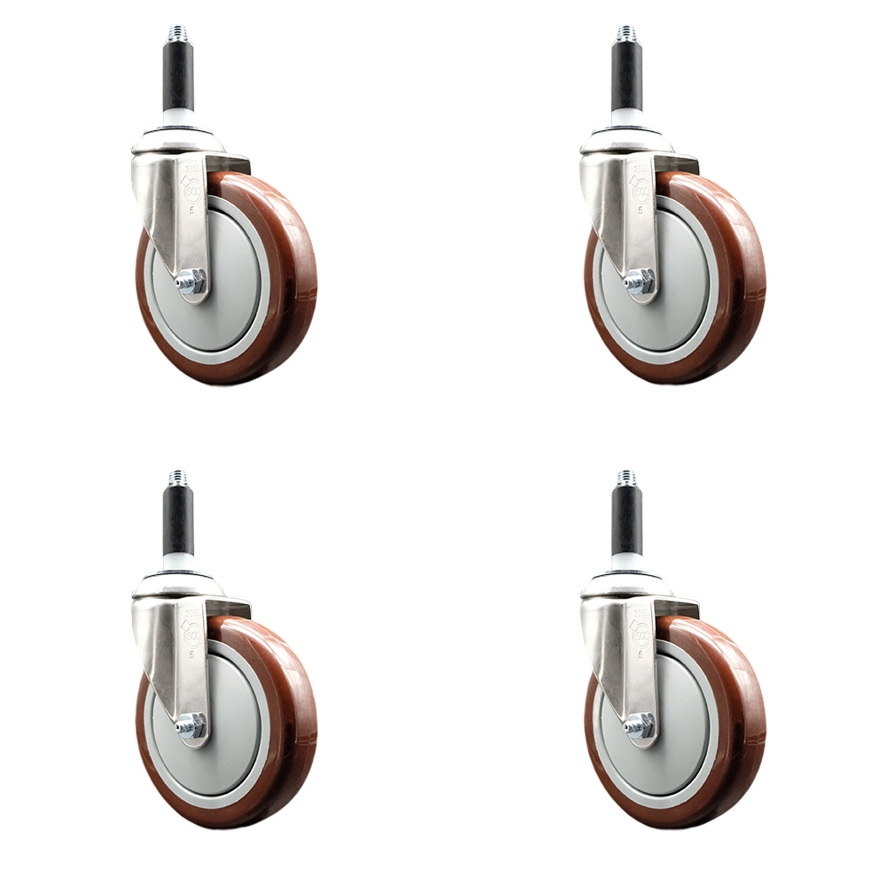Polyurethane Swivel Stem Caster Set of 4 with 5 Inch Maroon Caster Wheels - 7/8" Expanding Stems - 316 Stainless Steel Casters - Includes 4 Swivel Casters - Service Caster Brand — photo 1