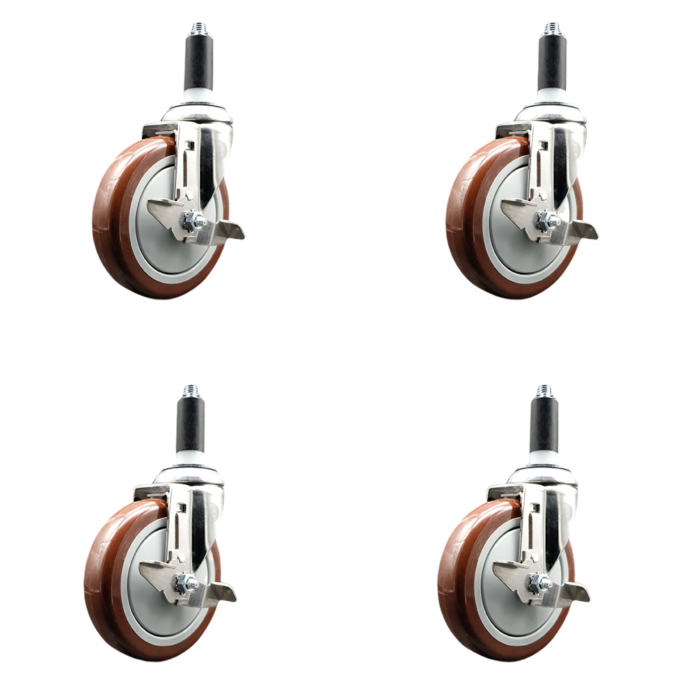 Polyurethane Swivel Stem Caster Set of 4 with 5 Inch Maroon Caster Wheels - 1" Expanding Stems - 316 Stainless Steel Casters - Includes 4 Swivel Casters with Top Lock Brakes - Service Caster Brand — photo 1